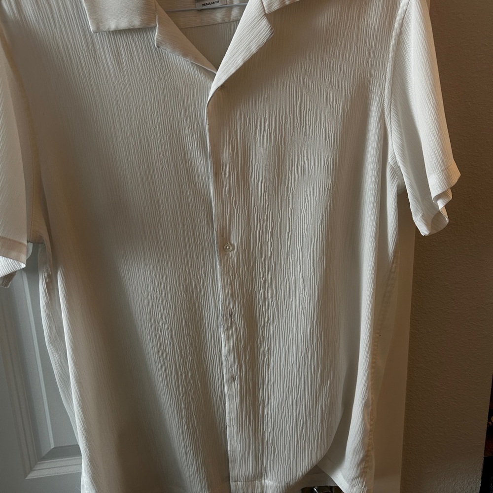 Zara Men's White ribbed Short Sleeve Shirt large